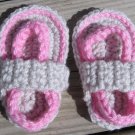 Crochet Baby Sandals Flip Flops Strap Pink and Light Gray 4 1/2 Inch.