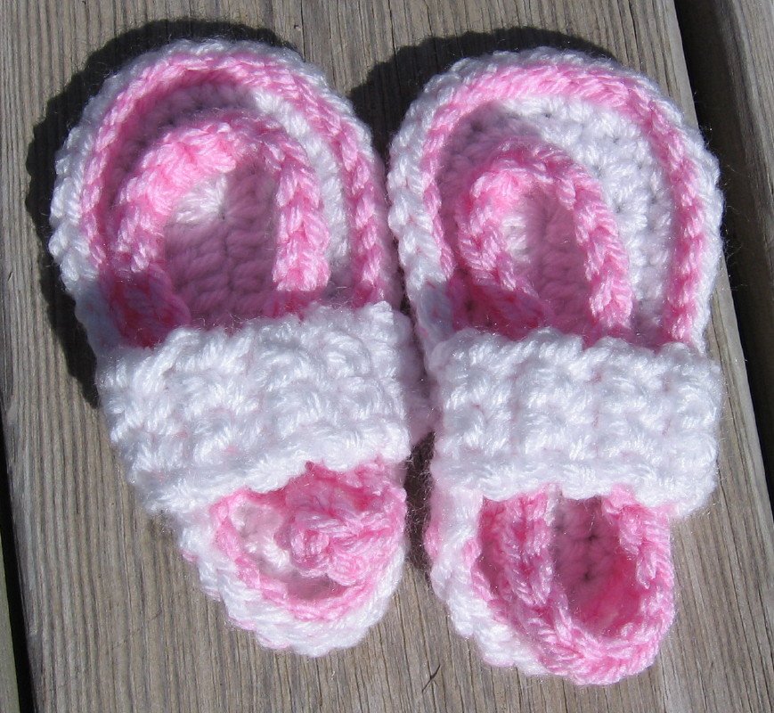 Baby Sandals Flip Flops Strap Crochet White Pink 4 1/2 inch FFWP