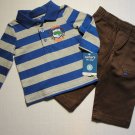 CARTER'S Boy's 6 Months Striped Polo Shirt, Brown Pants Outfit, Dinosaur, NEW