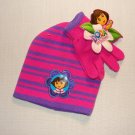 NICKELODEON DORA Girl's Pink Purple Striped Knit Beanie, Mitten Set, NEW