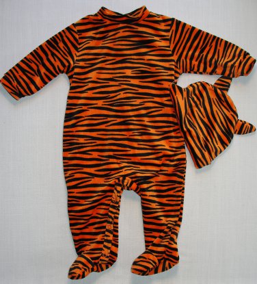 HALLOWEEN Boy's Size 6 Months Velour Tiger Footed Romper Costume, Hat Set, NEW