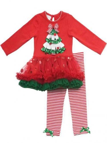RARE EDITIONS Size 5 CHRISTMAS TREE Red Tutu Dress, Striped Leggings Set, NEW