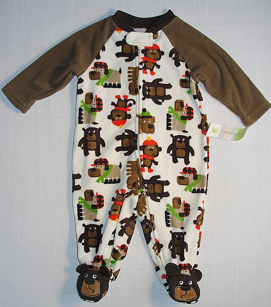 LITTLE WONDERS Boy's 3-6 Months Fleece Animal Bear Footed Romper, NEW