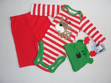 GERBER Baby Boys NEWBORN Reindeer Bodysuit Pants Hat Set, NEW