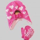 NICKELODEON DORA Girl's Pink Hearts Fleece Knit Beanie, Mitten Set, NEW