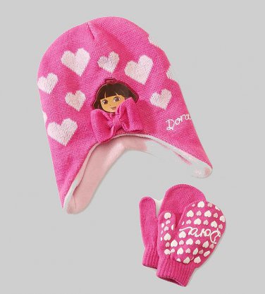 NICKELODEON DORA Girl's Pink Hearts Fleece Knit Beanie, Mitten Set, NEW