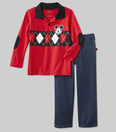 DISNEY Boy's Size 3T MICKEY MOUSE Red Argyle Shirt Jeans Pants Set, NEW