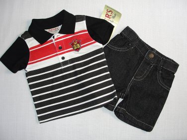 CARTER'S Boy's 3-6 Months Striped Polo Shirt Black Denim Shorts Outfit, Set, NEW