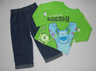 DISNEY MONSTERS MIKE And SULLY 24 Months 2T Jeans, Fleece Vest Set, Outfit, NEW