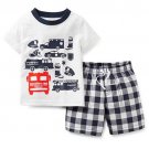 CARTER'S Boy's 9 Months Fire Truck Engine Blue White Checkered Shorts Set, NEW