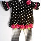 BONNIE BABY Girl's 6-9 Months Black Dot Pink Rose Tunic Dress Leggings Set