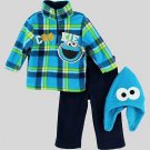 SESAME STREET COOKIE MONSTER 3T Fleece Pullover, Pants, Hat, Outfit, NEW, NWOT