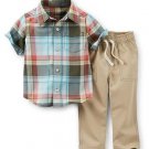 CARTER'S Boy's Size 4T Turquoise, Orange Plaid Shirt, Gray Pants Set, NEW