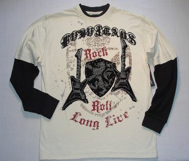 FUBU Boy's Size 12/14 Ivory Black Rock Roll Guitar Long-Sleeved 2fer Shirt
