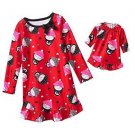 Girl's Size 4 OR 6 Flannel Winter Penguin Red Nightgown with Matching Doll Gown