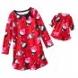 Girl's Size 4 OR 6 Flannel Winter Penguin Red Nightgown with Matching Doll Gown