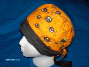 PIXIE SCRUB CAP HALLOWEEN SEASONAL FUNNY SPIDERS / ORANGE