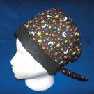 PIXIE TIE-BACK SURGICAL MEDICAL SCRUB CAP HAT MOON & STARS ON BLACK
