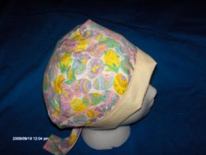 Surgical Scrub Hat , Chemo Cap Easy Fit PIXIE BONNET BRIGHT FLOWERS & EASTER EGGS