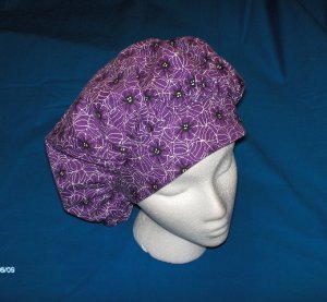 Surgical Scrub Hat Cap bouffant HALLOWEEN SPIDERS ON PURPLE
