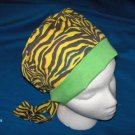 Handcrafted Ladies Surgical Scrub Cap Pixie Tie-Back Hat Hats ZEBRA PRINT with YELLOW and GREEN