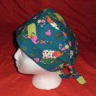 Handcrafted Ladies Fabric Surgical Scrubs Scrub Cap Pixie Tie-Back Hat ELEPHANTS DARK GREEN