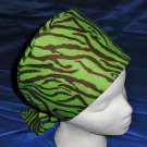 Handcrafted Ladies Surgical Scrub Cap Pixie Tie-Back Hat Hats GREEN and BROWN ZEBRA PRINT