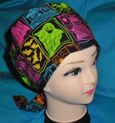 Surgical Scrub Hat Cap bouffant HALLOWEEN patches on black