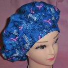 Ladies HOPE RIBBON  Banded l Bouffant Cap BREAST CANCER AWARENESS Blue