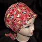 Handcrafted Ladies Fabric Surgical Scrubs Scrub Cap Pixie Tie-Back Hat FARM ANIMALS RED