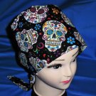 Sugar Skulls And Flowers Nurses Scrubs Hat Ladies Hats Pixie Scrub Caps Surgical Cap Hat Black