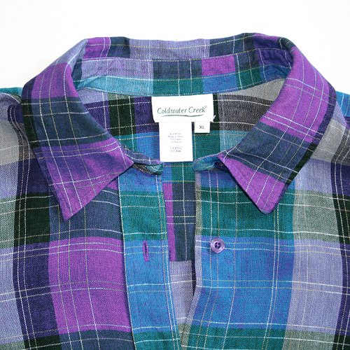 COLDWATER CREEK Purple Teal Plaid Linen Blend Shirt/Top/Blouse Size XL