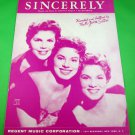 SINCERELY Original Sheet Music THE McGUIRE SISTERS © 1954