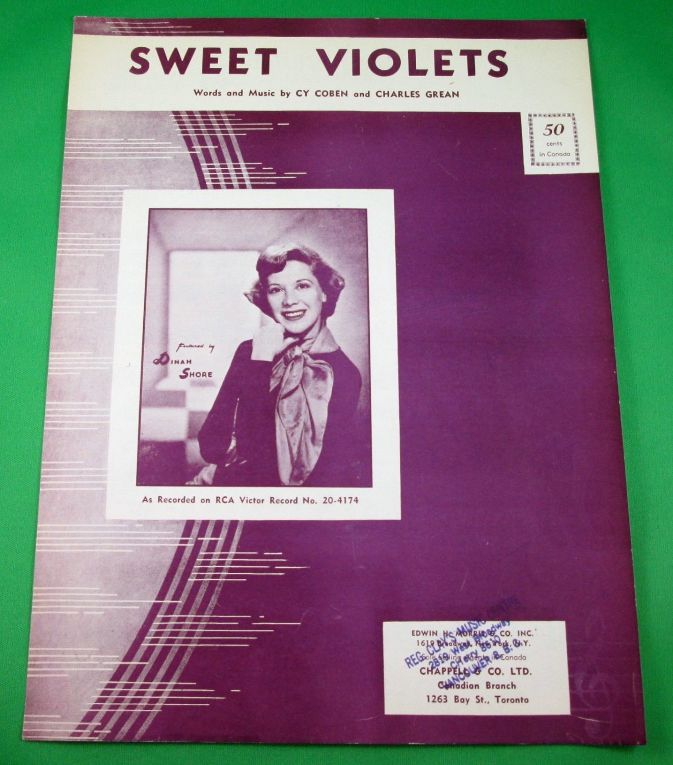 SWEET VIOLETS Vintage Piano/Vocal/Guitar Sheet Music DINAH SHORE © 1951