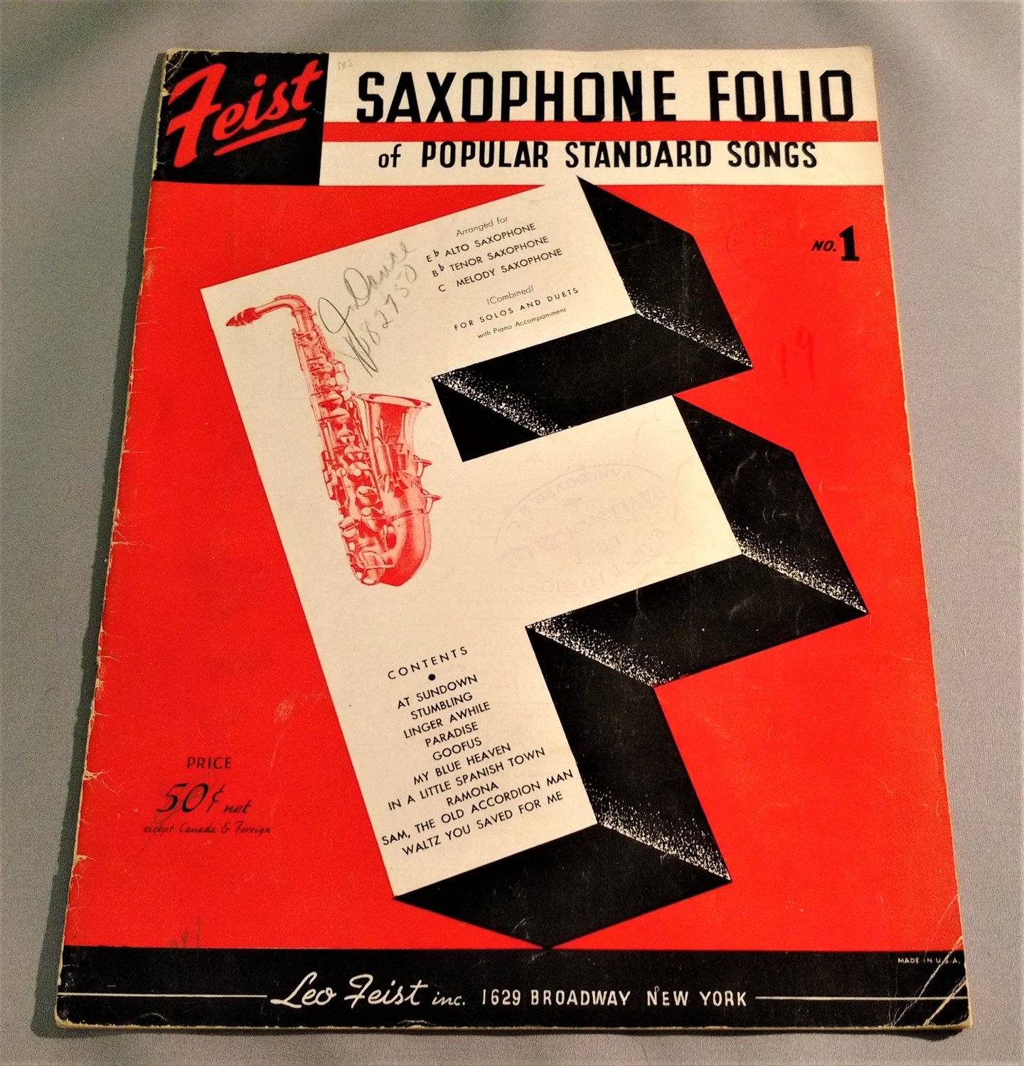 Feist SAXOPHONE Folio of Popular Songs w/ Piano Accompaniments 10 Songs Â© 1927