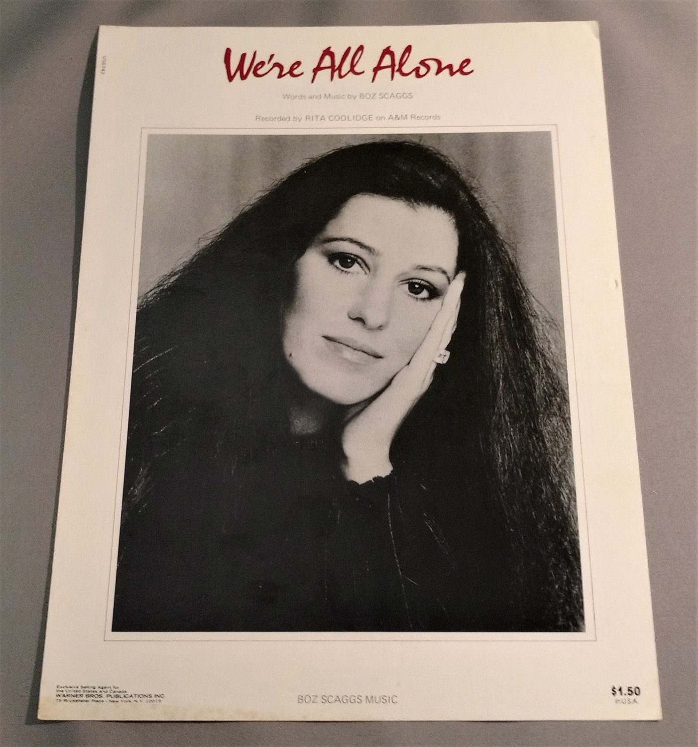 WE'RE ALL ALONE Sheet Music RITA COOLIDGE 1976 Cover Photo