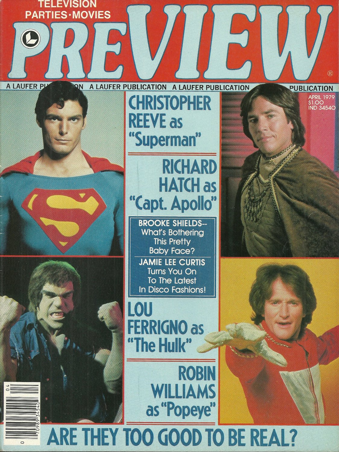 PREVIEW MAGAZINE April 1979 CHRIS REEVE Richard Hatch LOU FERRIGNO Robin Williams