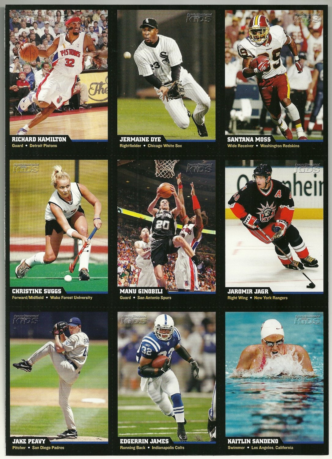SI SPORTS ILLUSTRATED FOR KIDS Sheet of 9 Trading Cards 19 to 27
