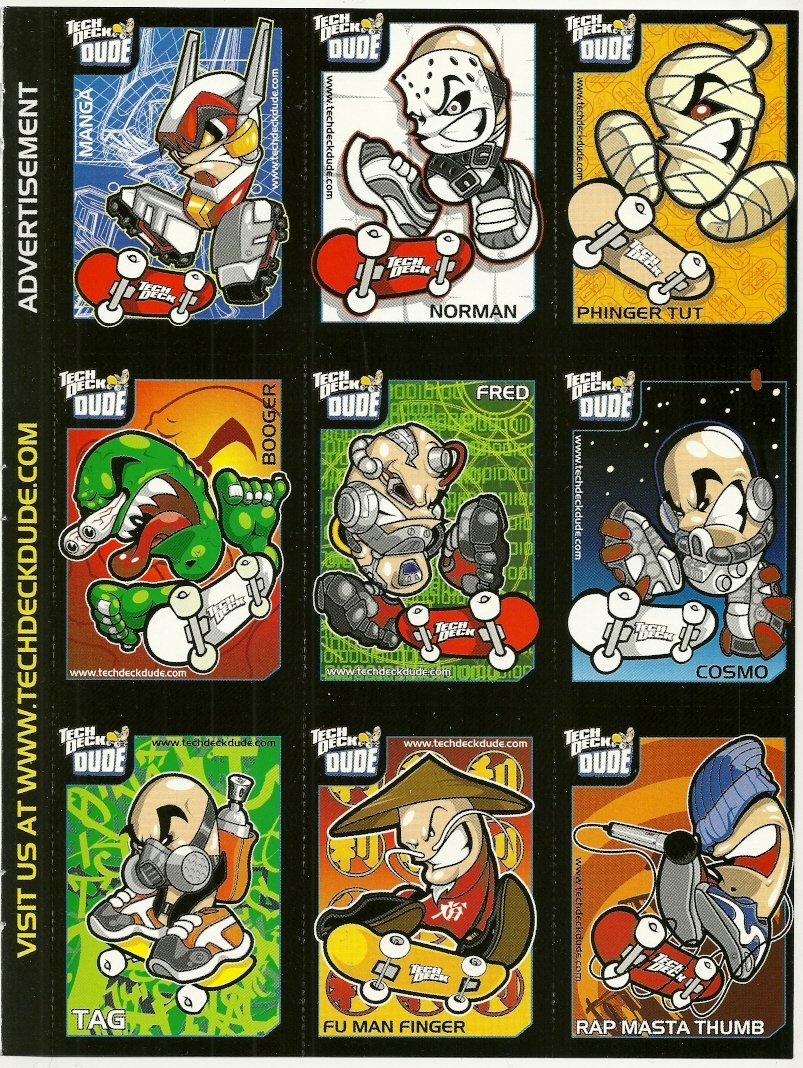 TECH DECK DUDE Perforated Panel of 9 Advertisement Trading Cards Â© 2001