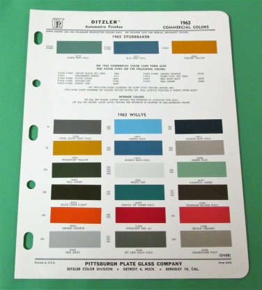 1963 WILLYS / STUDEBAKER Original Pittsburgh Ditzler 2-Sided Paint Chips Chart