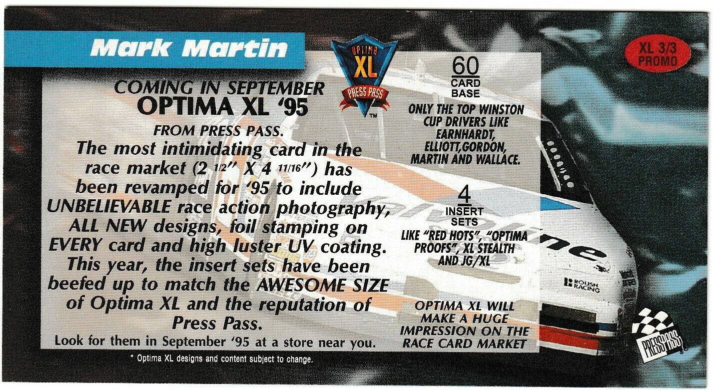 MARK MARTIN '95 Prototype Optima XL 3/3 Promo Card NASCAR