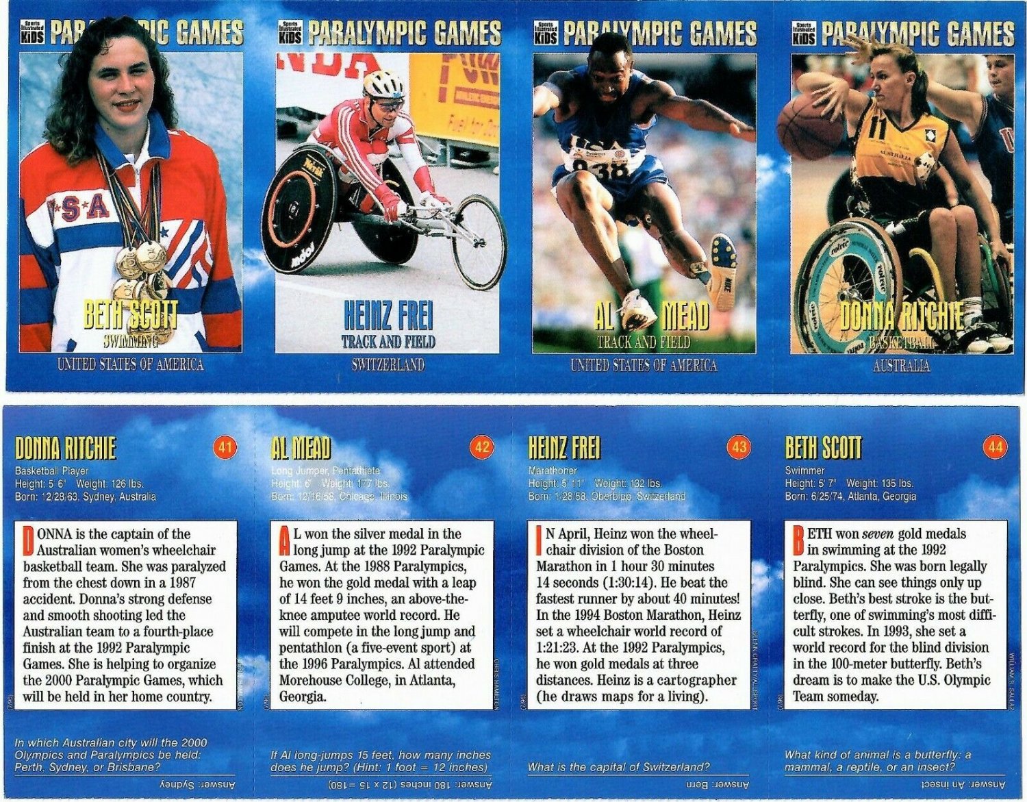SI SPORTS ILLUSTRATED FOR KIDS Sheet of 4 Trading Cards PARALYMPIC GAMES