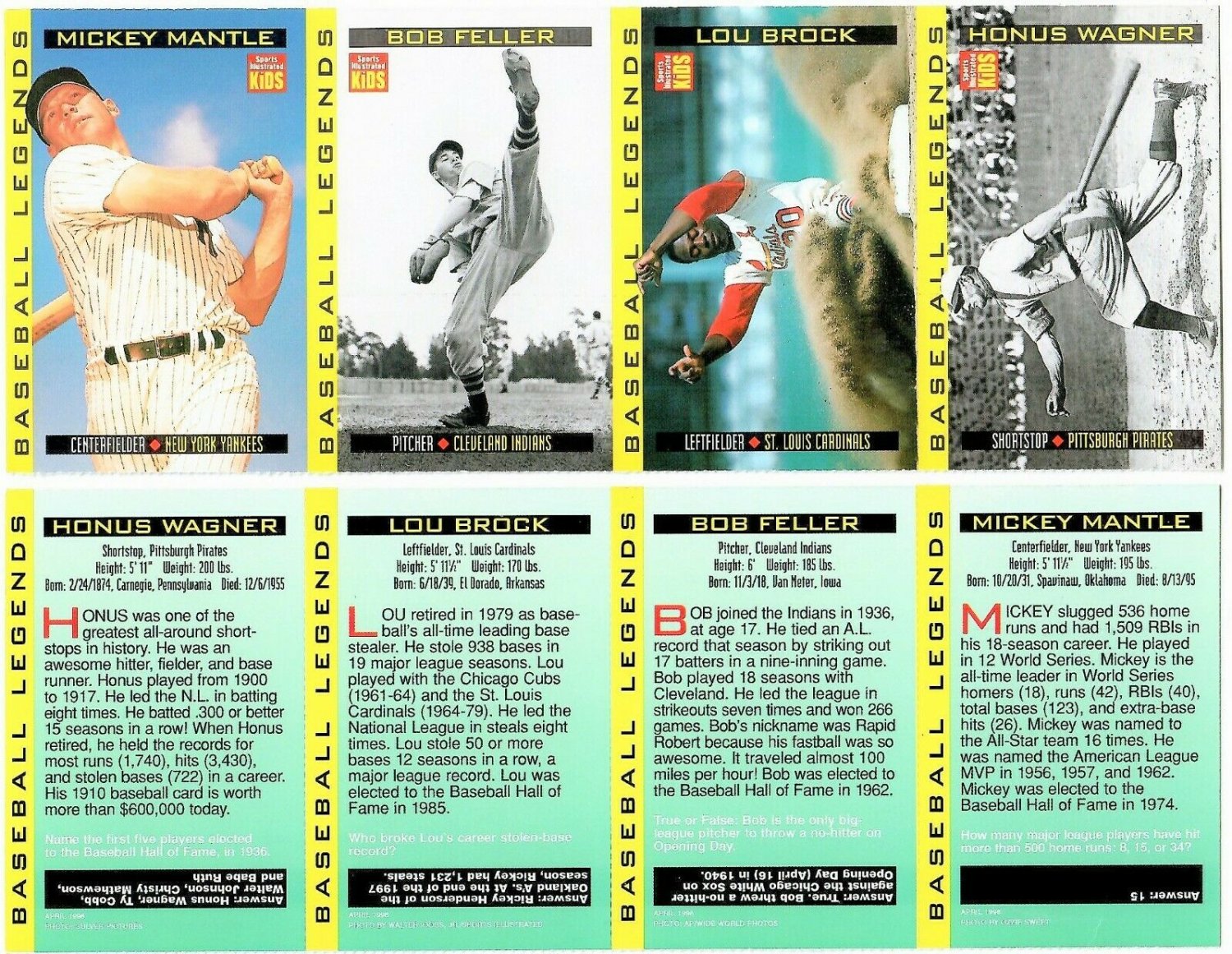 SI SPORTS ILLUSTRATED FOR KIDS Sheet 4 Trading Cards BASEBALL LEGENDS