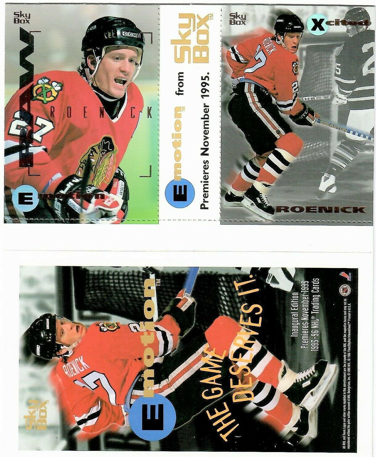 SkyBox JEREMY ROENICK Inaugural Edition Emotion Promo Card sheet of 3 Cards
