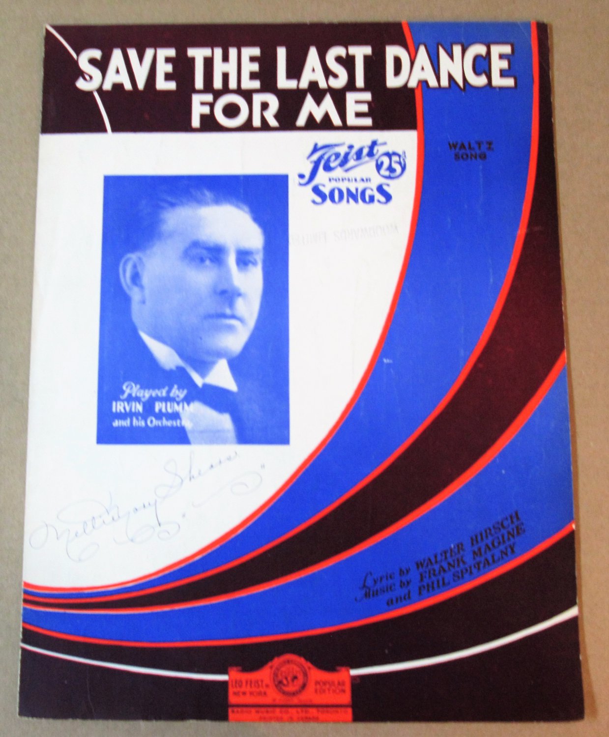 SAVE THE LAST DANCE FOR ME Piano/Vocal/Guitar Sheet Music IRVIN PLUMM Â© 1931
