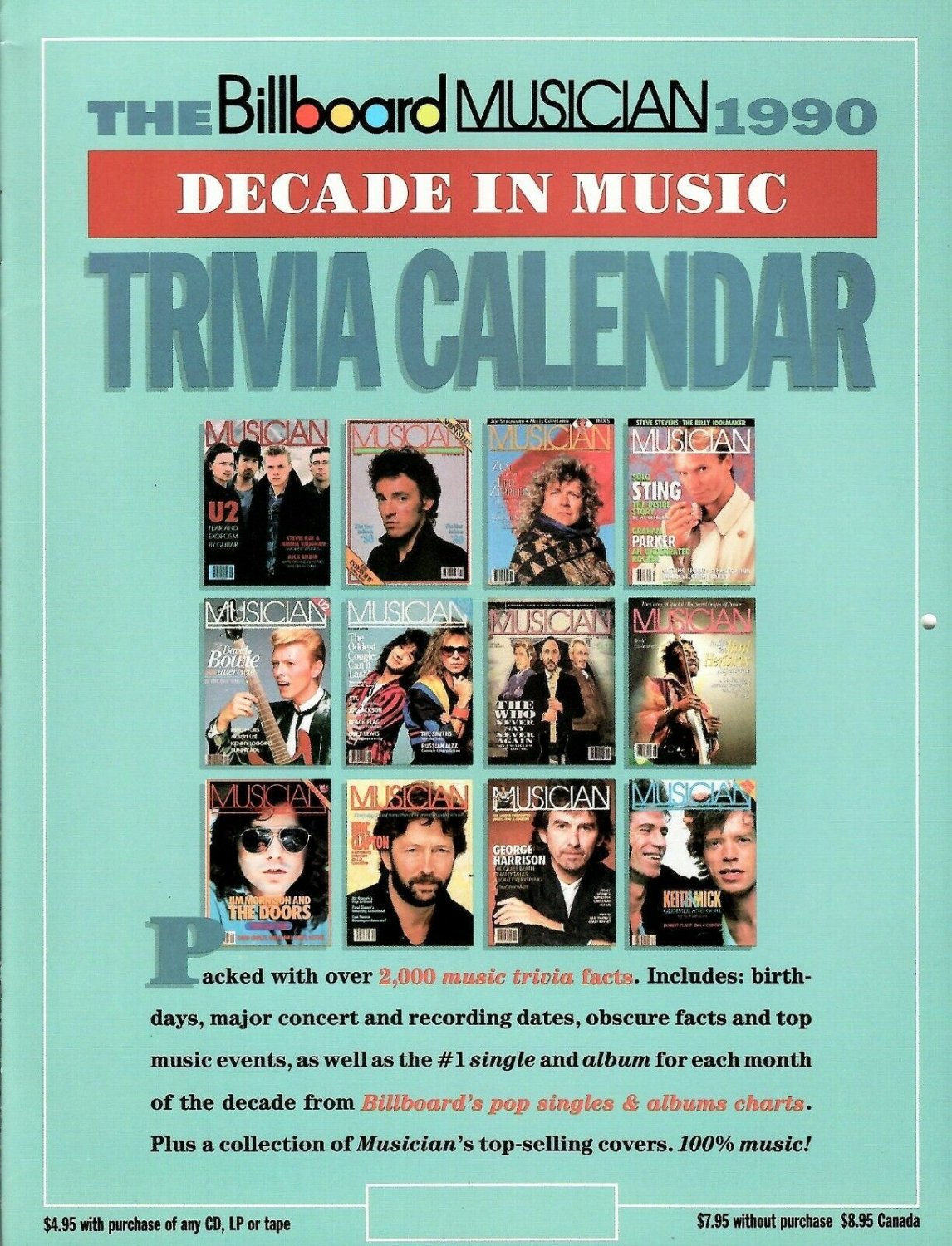 THE BILLBOARD MUSICIAN MAGAZINE 1990 Decade In Music Trivia Calendar