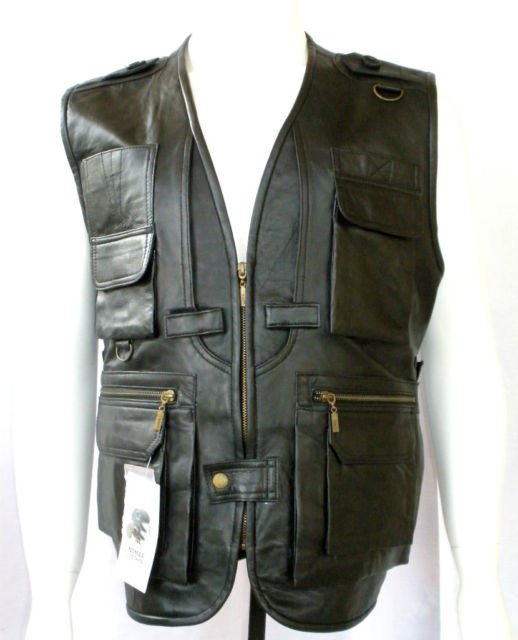 NWT Men's Multiple Pockets Sleeve Less Leather Fishing Vest Style M43
