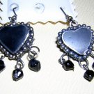 Dangly heart earrings black onyx jet sterling silver earwires vintage jewelry ll2071
