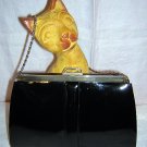Black patent leather handbag w chain deco style vintage ll1588
