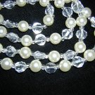 Plastic rope necklace faux pearls crystals 55 inches vintage jewelry ll2032